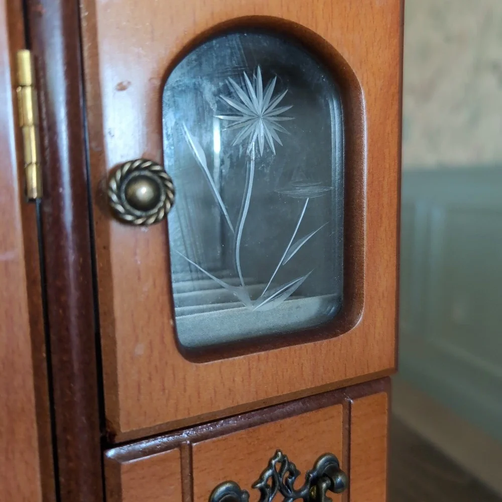 Vintage Jewelry Armoire Organizer Etched Glass Floral Wood Chest Velvet Mirrored